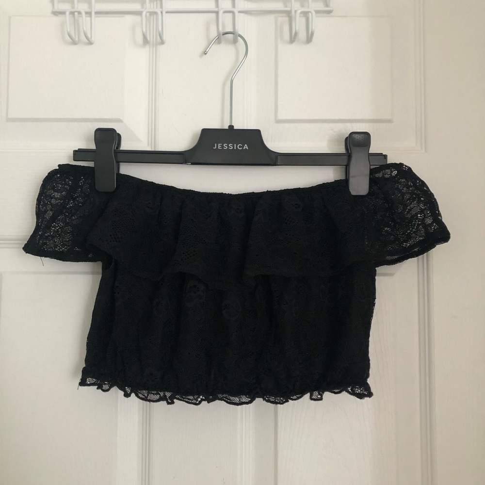 GARAGE ruffled lace bubble off shoulder top